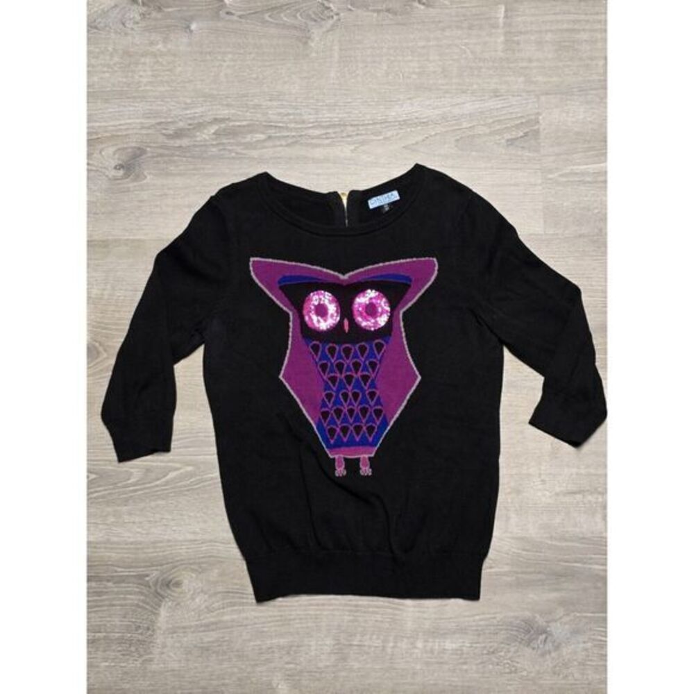 Cynthia Rowley Women's Black Sweater W/ Purple‎ Owl Sequins Eyes Size M